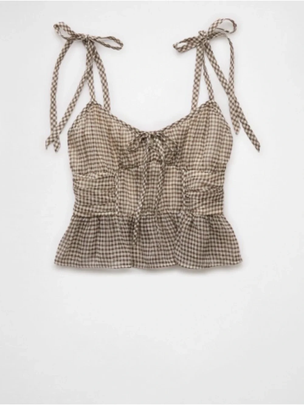 American Eagle Outfitters Brown and White Gingham Tie-Shoulder Crop Top - Picture 4 of 4